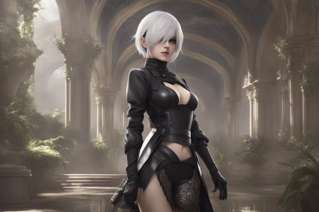 Hot 2B with whit eye in 8k nier automata artstyle, blind them, 2B Custom, blindfold, close picture, rain, fantasy world, intricate details, highly detailed, high details, detailed portrait, masterpiece,ultra detailed, ultra quality