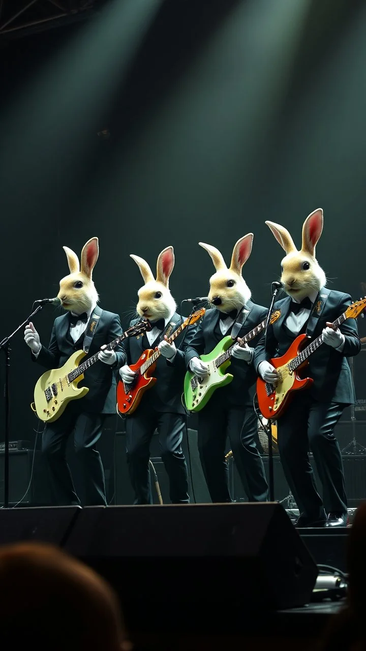 A four rabbits musicians wearing Suits playing in rock band on stage