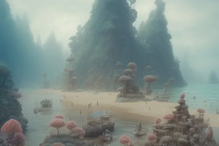 a beach, cinematic angle, studio ghibli, wes anderson, volumetric lighting, breathtaking, beautiful composition, elegant, digital art, detailed, oil painting, hyperrealistic, sharp focus, 8k