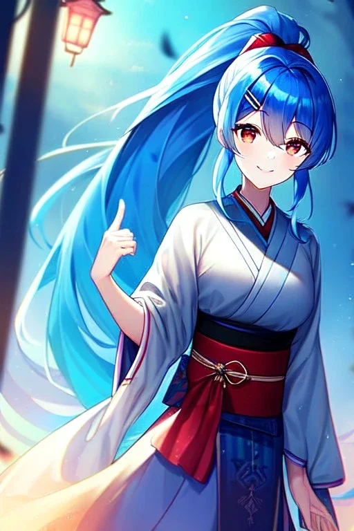 girl, masterpiece, best quality, cinematic lighting, detailed outfit, vibrant colors, perfect eyes, blue hair, red eyes, long hair, ponytail, obi, hairclip, smile,