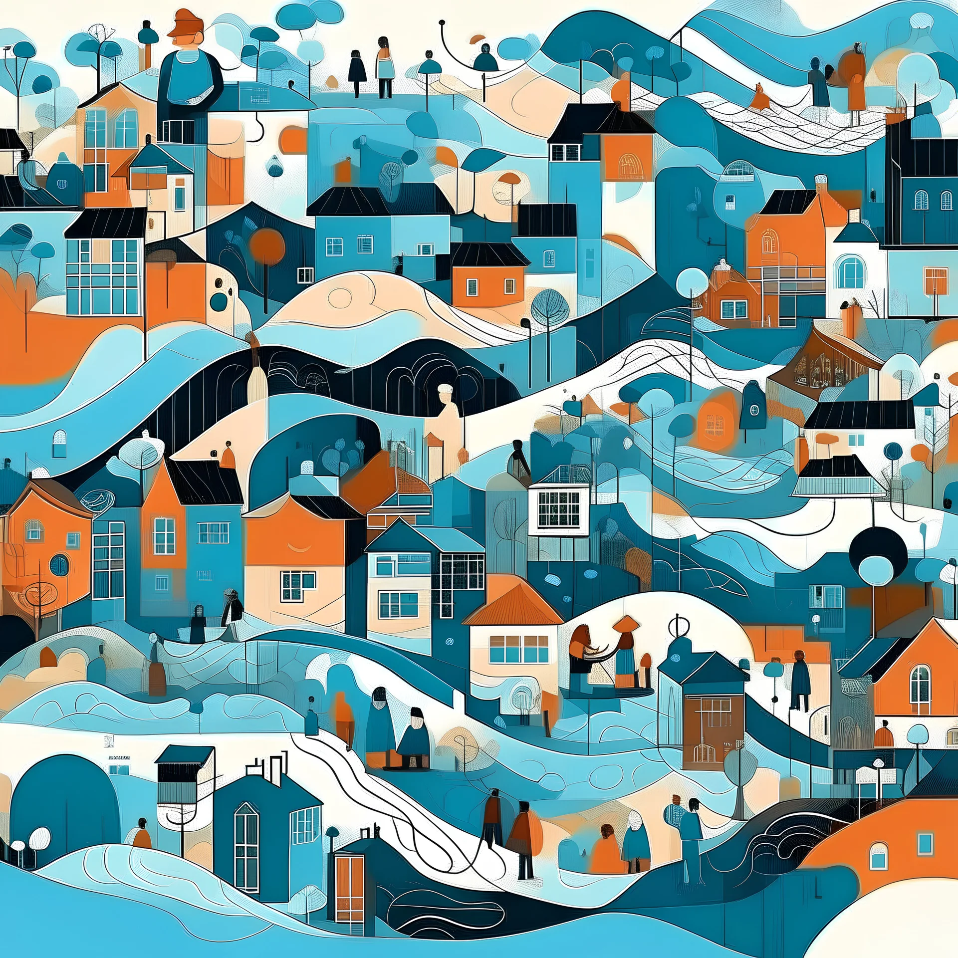Illustrate abstract community and neighborhood in layers or waves in Theo Van Den Boogard style-showing resonance. Show people as well