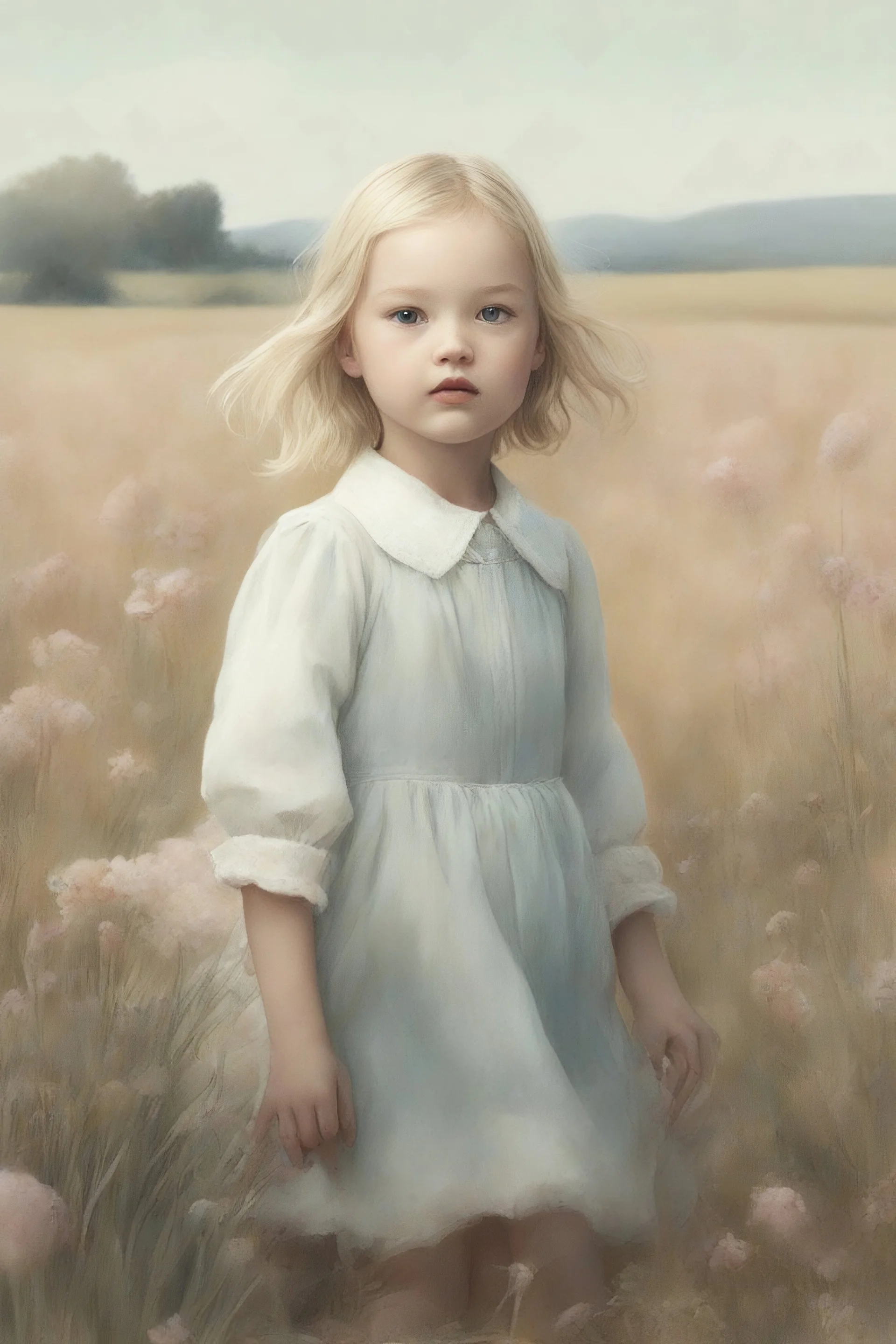Illustration of model gemma ward as toddler, in a field,, rabbit,,style of Marcel Marlier, pastel colors