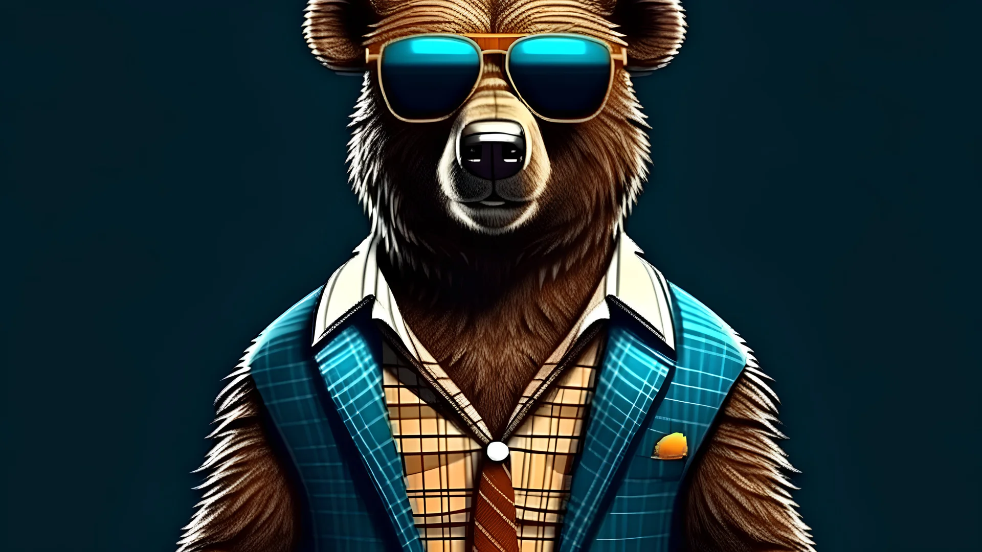 Cool looking bear wearing funky fashion dress - jacket, shirt, tie, dark shades sunglasses. Wide banner with copy space side. Stylish animal posing. Generative AI