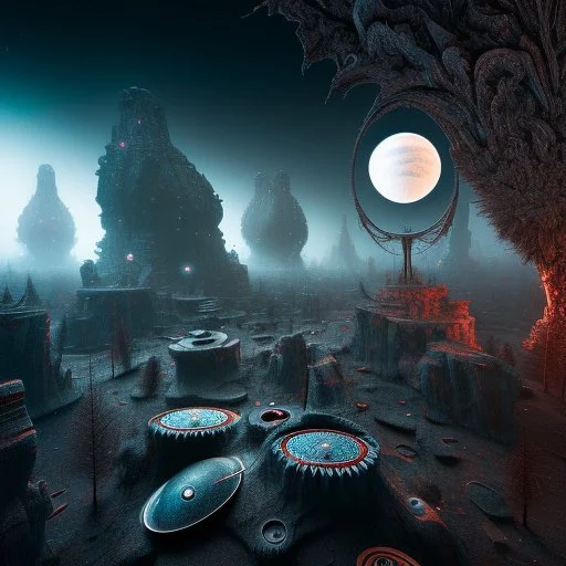 Detailed creepy landscape made of modeling clay, stars and planets, Roger Dean, Tim Burton, strong texture, Ernst Haekel, extreme detail, Max Ernst, decal, rich moody colors, sparkles, bokeh, odd