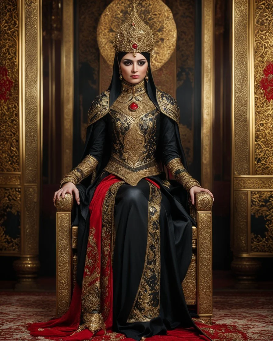 A length image of photography full body photo of a beautiful-faced Persian islamic hijab Queen sitting on a luxurious chair in a palace, wearing luxurious battle armor with a design of gold and black metal plate and metal crafts with radiant diamond luster, decorated with flower-shaped red diamond stone, black leaf decorations,and small dragon decorations, against a gold background, holding a gold carved sword, accompanied by two white tigers angry face sitting beside him, with added details.