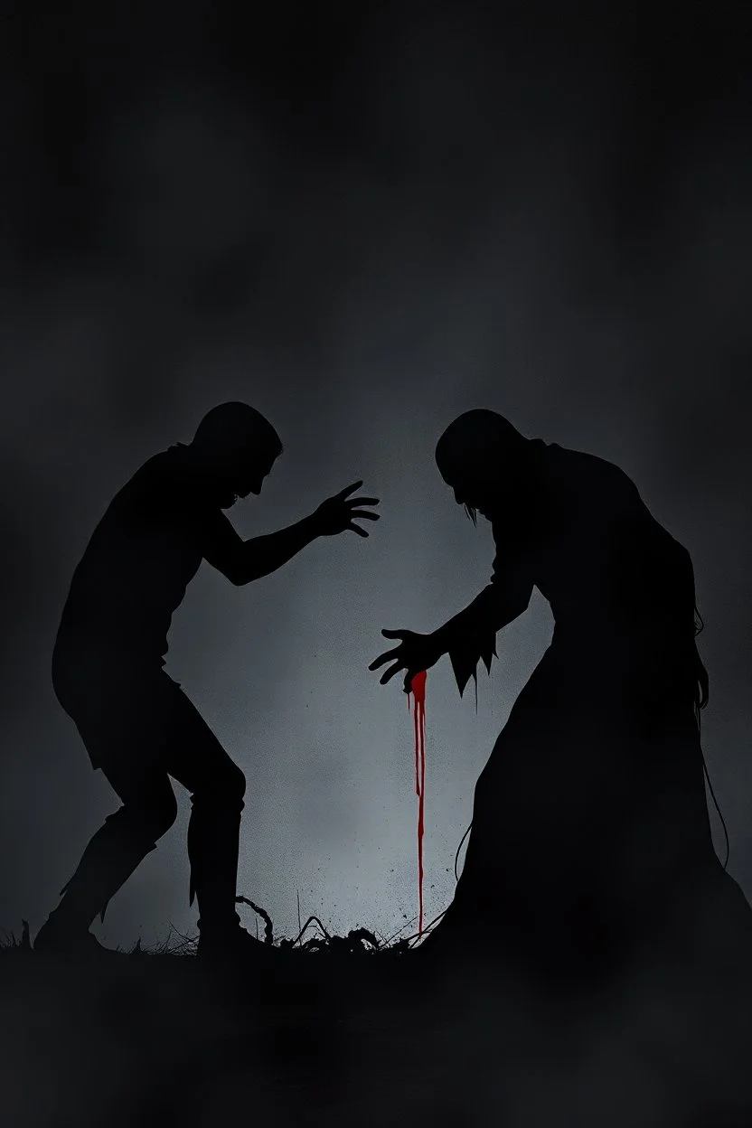 a distressing, abstract image of two shadows preparing to fight to a bloody death