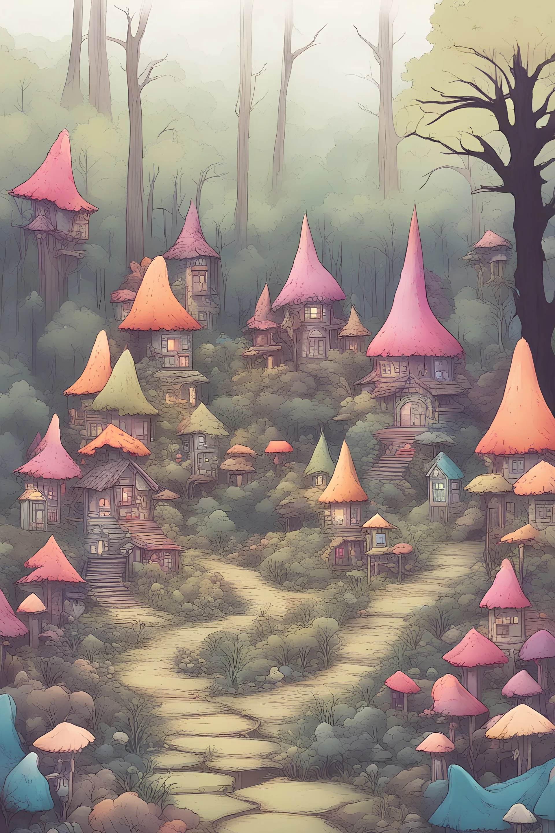 create an image of an enahanted forest fairy village , bockground; edges fade to black; bright and colorful