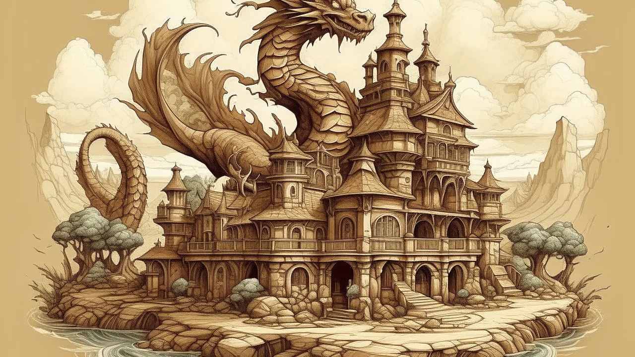 A brown palace with a stone dragon in Surrealism art style