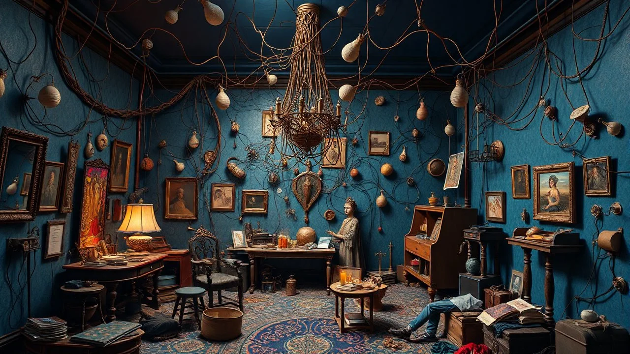 a room, interconnections, cornucopia, blue atmosphere, chaotic composition, interconnected human life forms