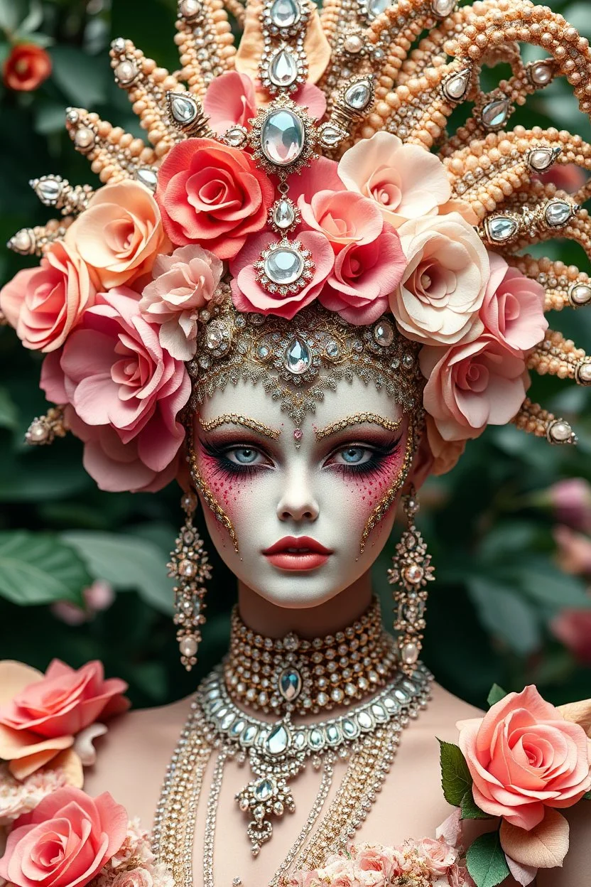 Photography artistic art luxury epic adorned carnival,gemstone shappire diamonds headpieces molusk shell microworld planty,flowers,photography realistic fantastical artwork vizualise carnival Molusk shell,decoration engrave potrait beautiful organic lines big flowers roses floral motifs