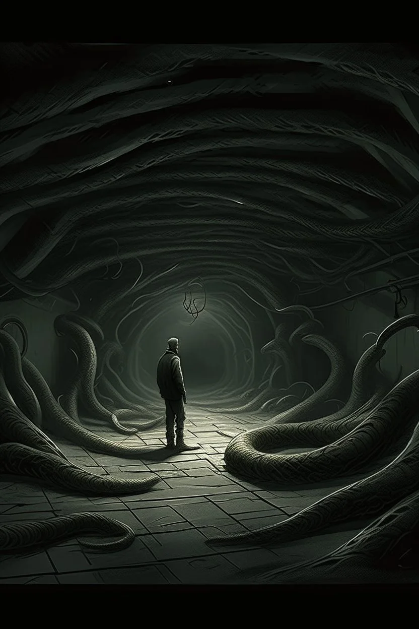 A surreal scene a tunnel-like structure filled with intertwined gray snakes heads , The tunnel is lined with countless writhing aliens bodies, creating a chaotic and nightmarish atmosphere. At the end of the tunnel, a solitary figure walks towards a distant light source, casting a glow that illuminates the scene. The overall color palette is muted with shades enhancing the ominous and unsettling mood an astronaut hovering in the middle of the tunnel