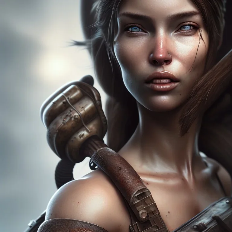 a Photorealistic lara croft viking paint, big breast, big eyelash, borwn eyes, elegant, Artgerm, Beautiful dynamic,shadows,Artstation,concept design art,Octane render,8K, bw