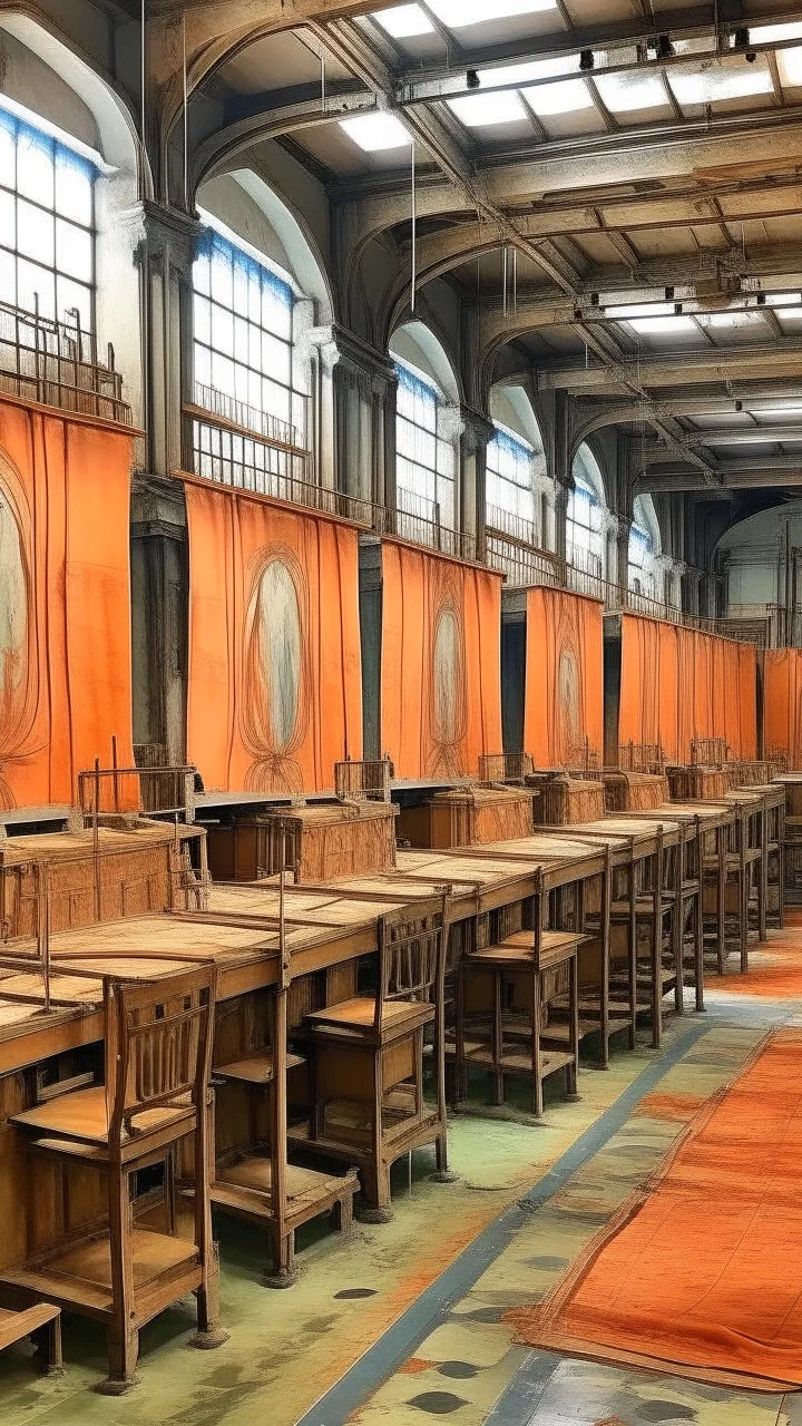 A salmon orange factory filled with machines painted by Leonardo da Vinci