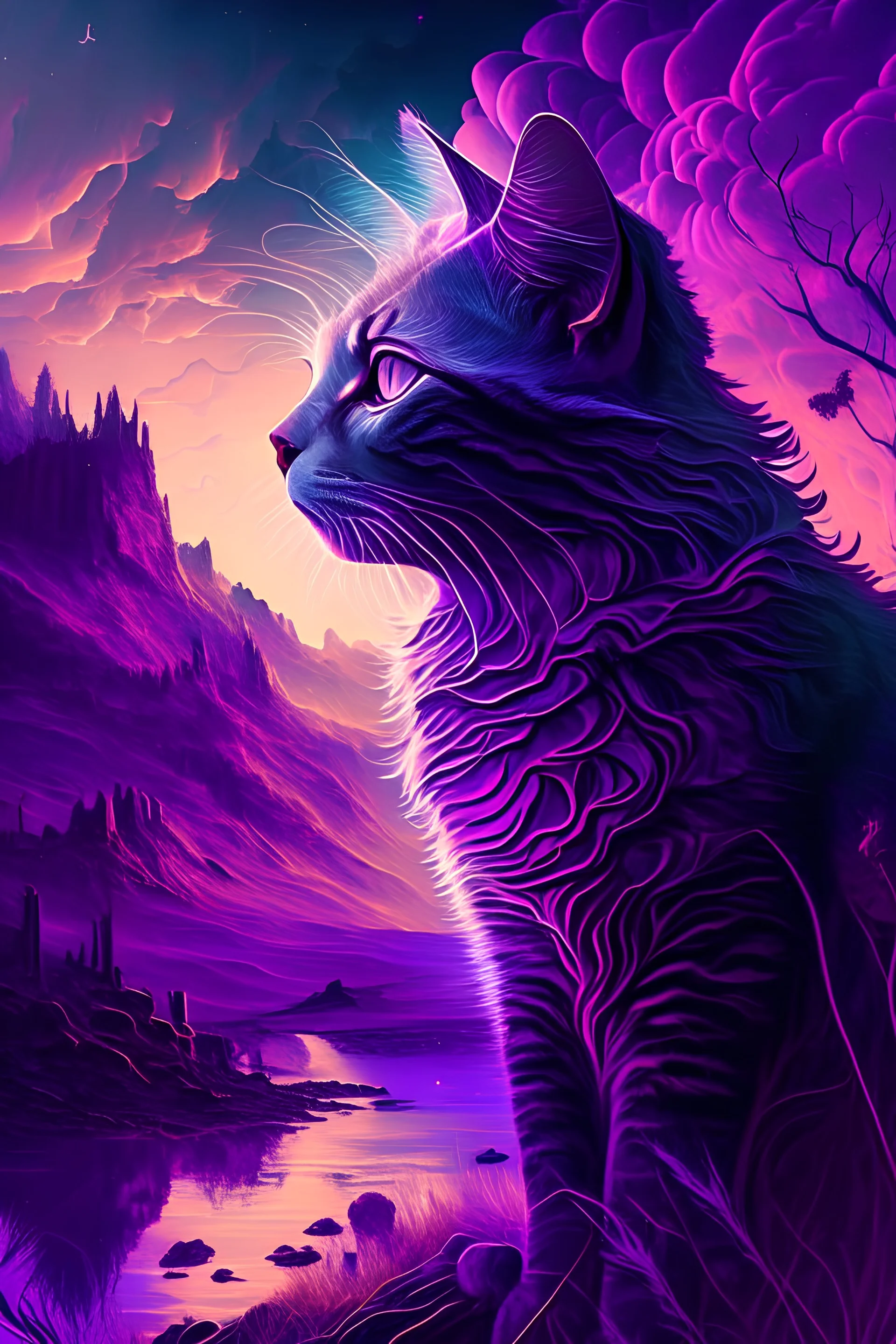 majestic cat, psychedelic, violet tones, fantasy landscape