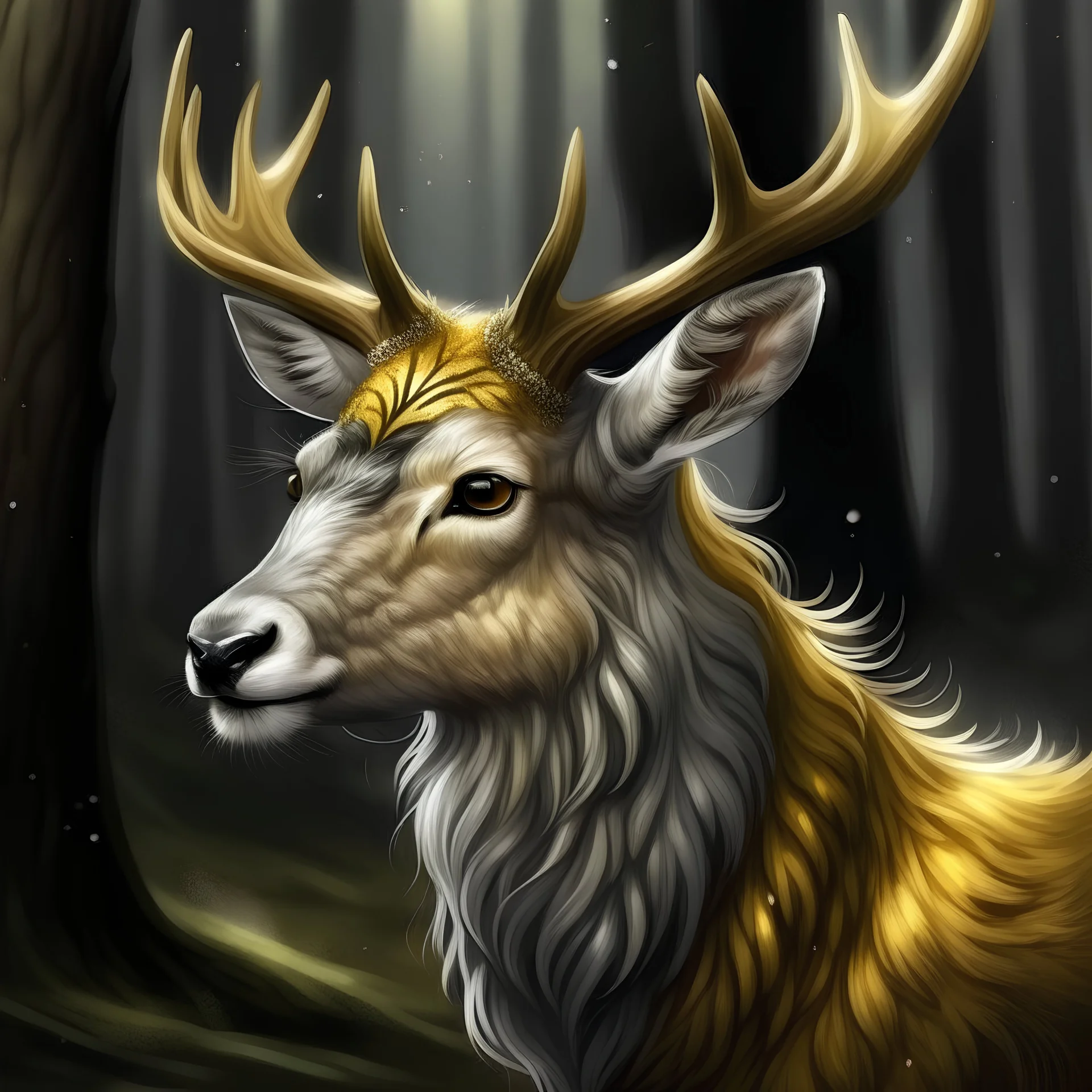 a deer looking creature with shiny silver hair in a forest with golden fluff on its body. its head it not too big not too small in the shape of a horses head, with big golden eyes on the side of its head and a black nose not too big