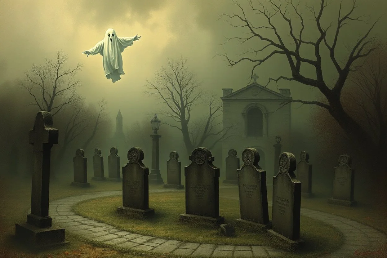 vintage style painting of an old grave yard with ghost hovers no above the graves with foggy an aerial view