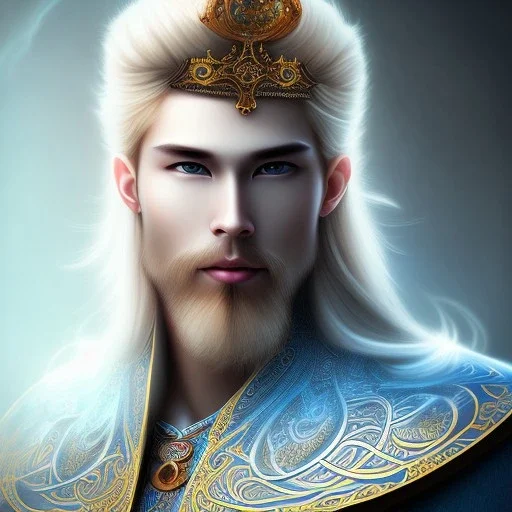 magnifique bel homme asiatique souriant ,yeux bleus,avec vetement et couronne celtique,cheveux blonds, fond bleu clair