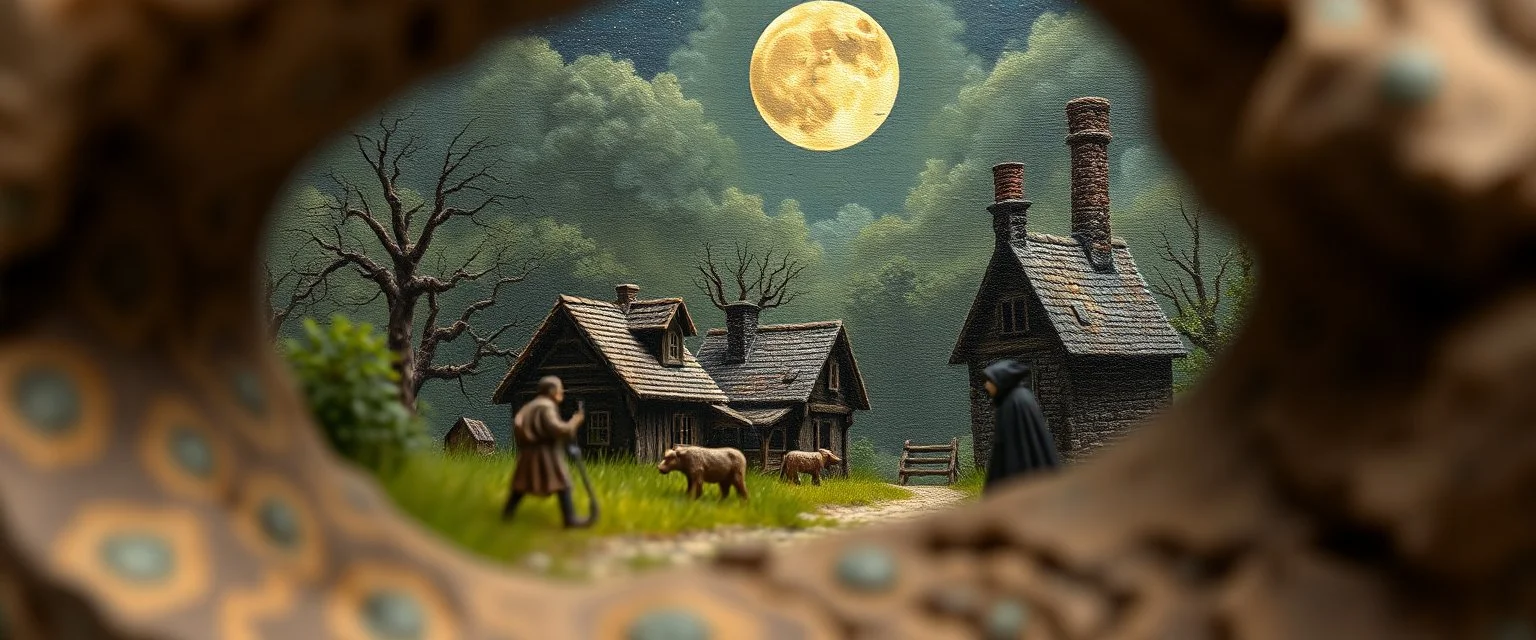 pin hole picture, miniatures on fake scene,master oil painting by Rembrandt, good afternoon disney bitch scary stone age vampire