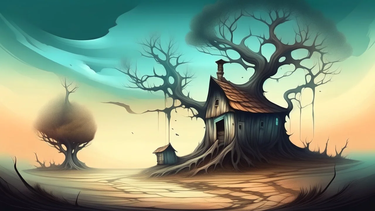 A digital illustration in a surrealistic style, showcasing a mystical landscape with a house, a well, and a dry tree. The distorted perspective and dream-like atmosphere create a sense of mystery and intrigue