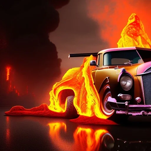 sweeping view of detailed phong shaded rendering of a car made entirely of molten lava, headlights, bumpers, whole car