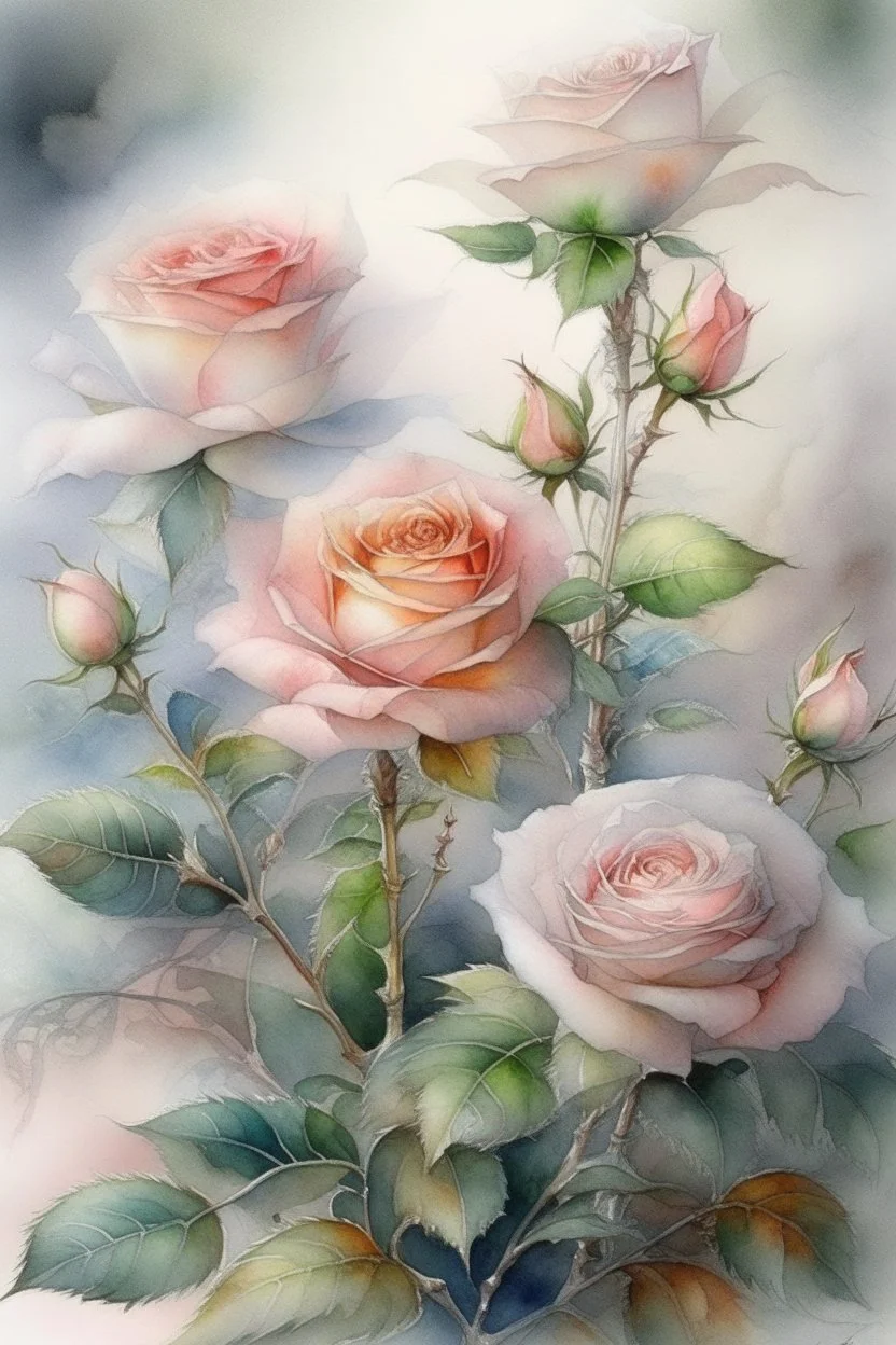 62. English watercolor, tea roses, drawing, beautiful landscape, fog, many details, delicate sensuality, realistic, high quality, work of art, hyperdetalization, professionally, filigree, silver haze, hyperrealism, professionally, transparent, gently pastel tones, backlight, contrast, fantastic, fabulous, unreal, translucent, glowing, clear lines, epic fabulous, 30mm lens, ISO 100, pixel graphics