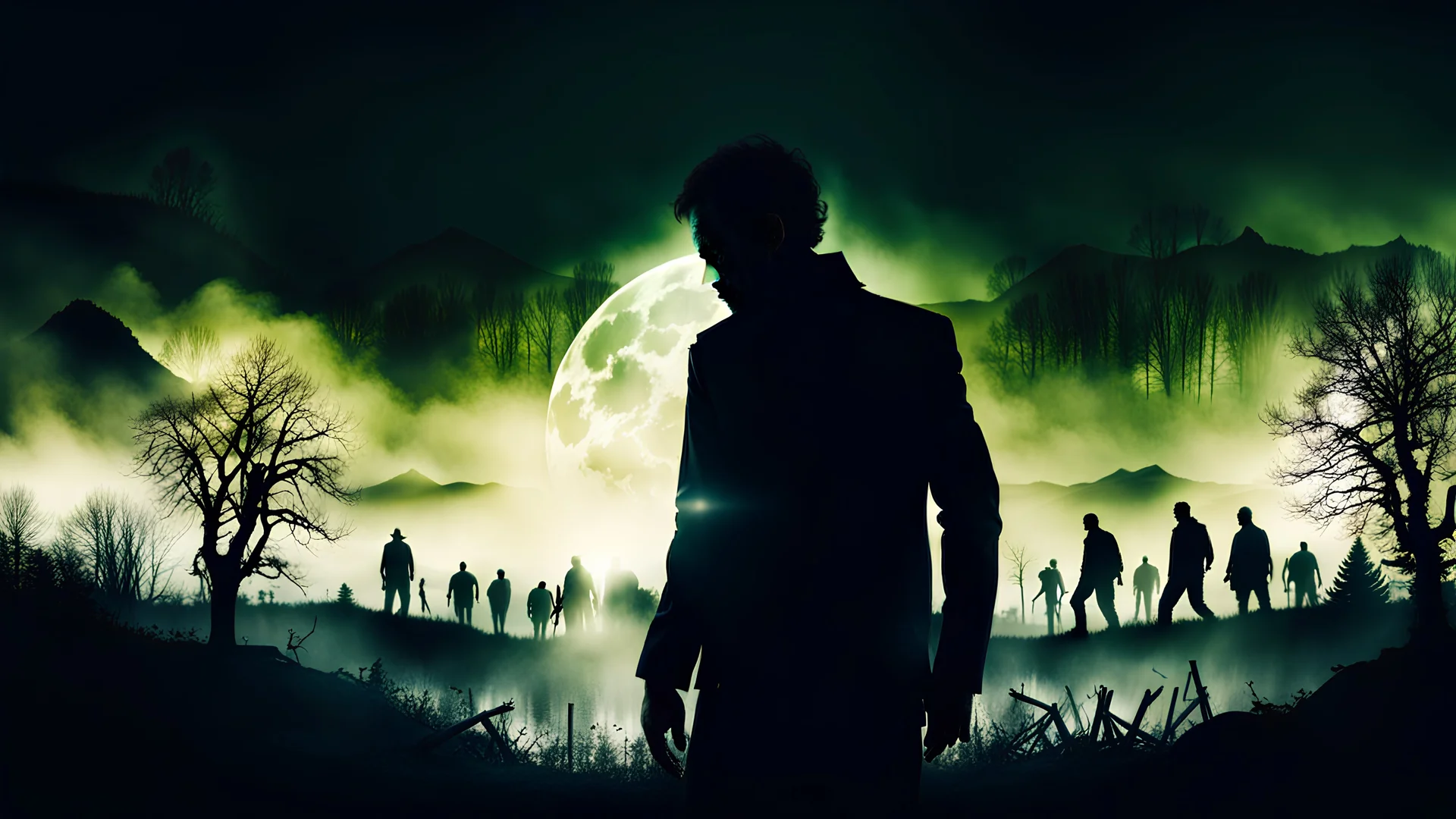 Silhouette of a zombie with a horror movie landscape double exposure, cinematic, gritty.