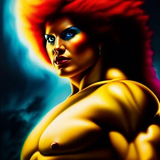 Ultra detailed fullbody Portrait in oil on canvas of Thundercats Tygra ,intense stare,extremely detailed digital painting, extremely detailed face,crystal clear Big eyes, mystical colors ,perfectly centered image, perfect composition, rim light, beautiful lighting,masterpiece,8k, stunning scene, raytracing, anatomically correct, in the style of robert e howard and Ken Kelley and Ohrai Noriyoshi and Simon Bisley and tomzj1