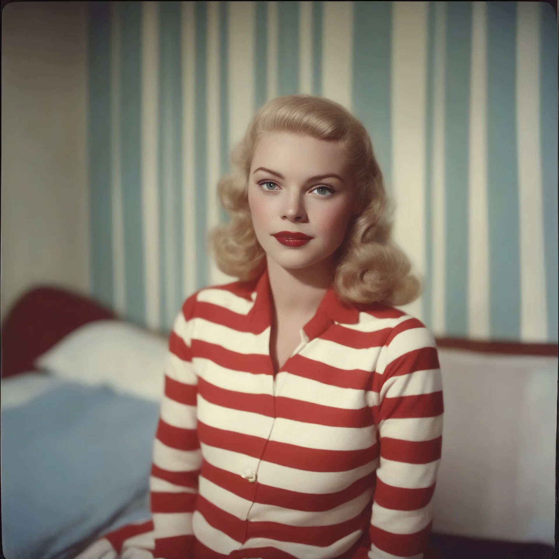 Young jayne mansfield with freckles and red cheeks, in a bedroom, autochrome, background with red and white stripes