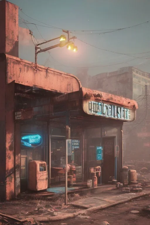 nostalgic blue fallout convenience store, 8k resolution, high-quality, fine-detail, digital art, detailed matte, volumetric lighting, dynamic lighting, photorealistic