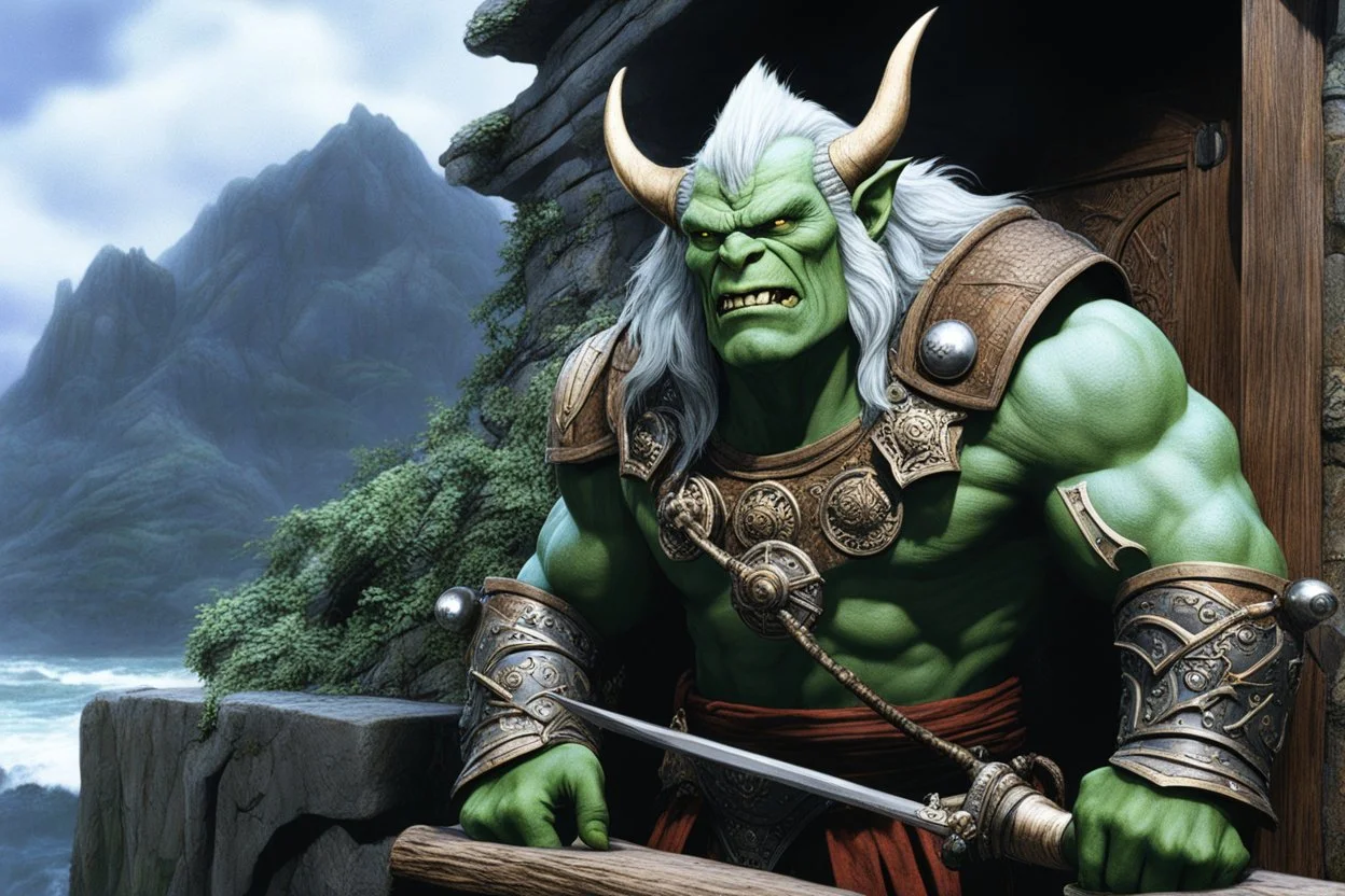 (in the style of Orion, by Masamune Shirow) (photo from a movie by Ray Harryhausen) You are Zog, a an half-orc druid, ready for adventure who just arrived in Lankhmar. You nee a place for your stay. As you push open the heavy wooden door of the Silver Eel Inn, a wave of warmth and noise washes over you. The rich scent of roasted meat mingles with the tang of spilled ale, creating an inviting aroma that pulls you further inside. The tavern is alive with laughter and the clinking of tankards, a ca