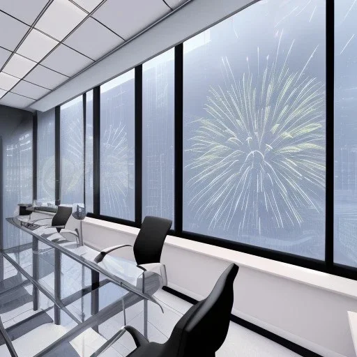 3d render of lawyer office, showing through the big glass windows the new year fireworks autside, hyper realistic, 4k