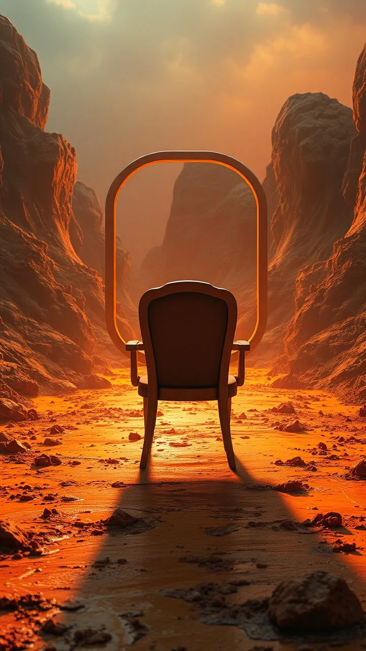 A chair rear view facing window behind it a landscape covered in sulfur and sludge that looks futuristic with futuristic lighting, realistic rendering
