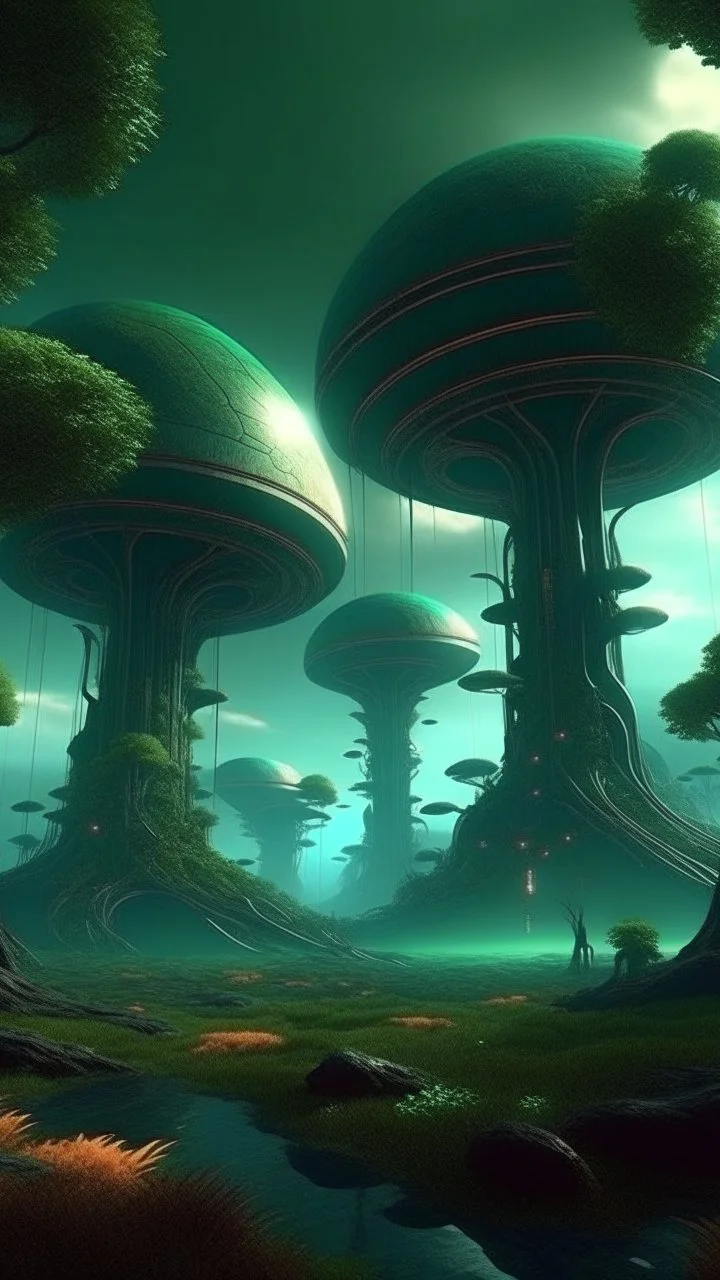 sci fi planet, cyber town, alien trees