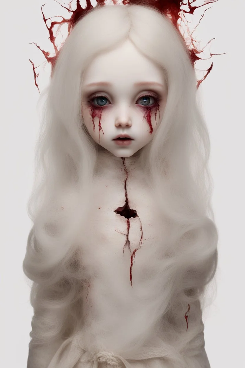 A hauntingly beautiful porcelain doll with small storms for eyes. Her skin is pale and cracked like porcelain. Her hair is red like wine with fire coming out. Her lips are sewn together except for one corner that is ripped and bleeding.