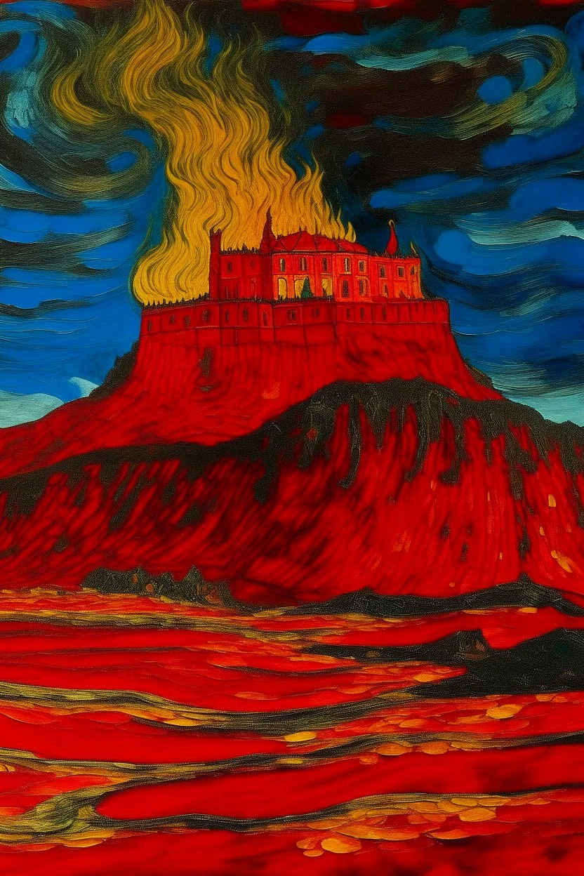 A red fiery castle on a volcano designed in ancient Greek pottery painted by Vincent van Gogh