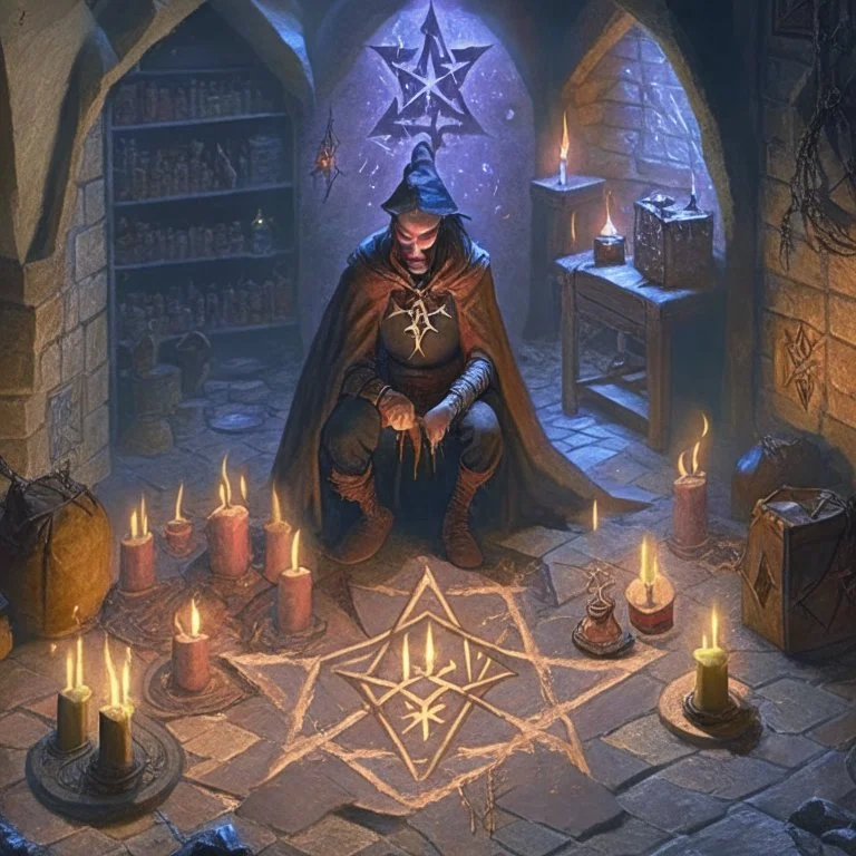 A warlock in his vaulted dungeon, a Pentagram and candles on the floor