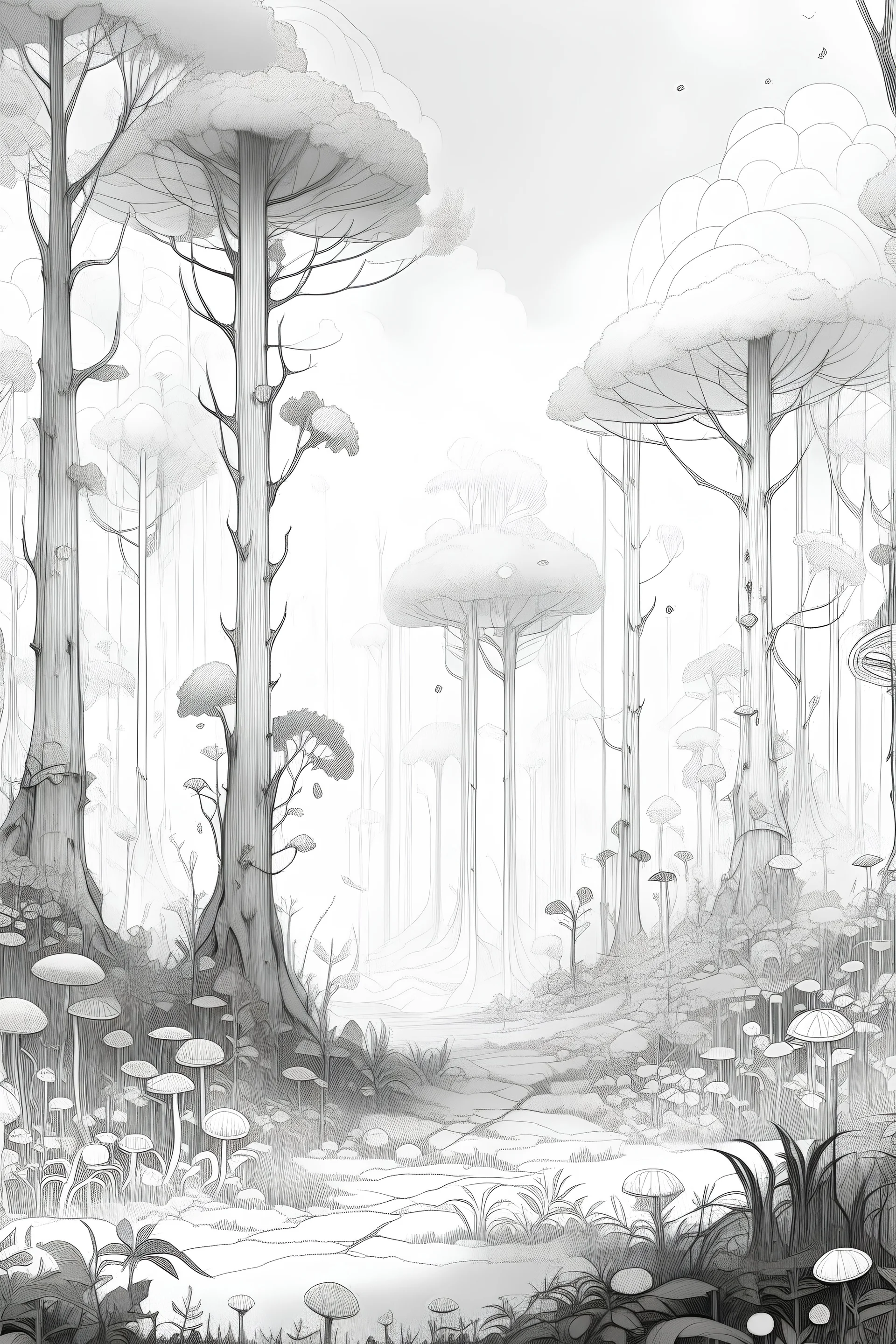 Drawn without colours, the forest is magical, bright, full of giant trees, enchanting flowers and fairies, it must be a white background.