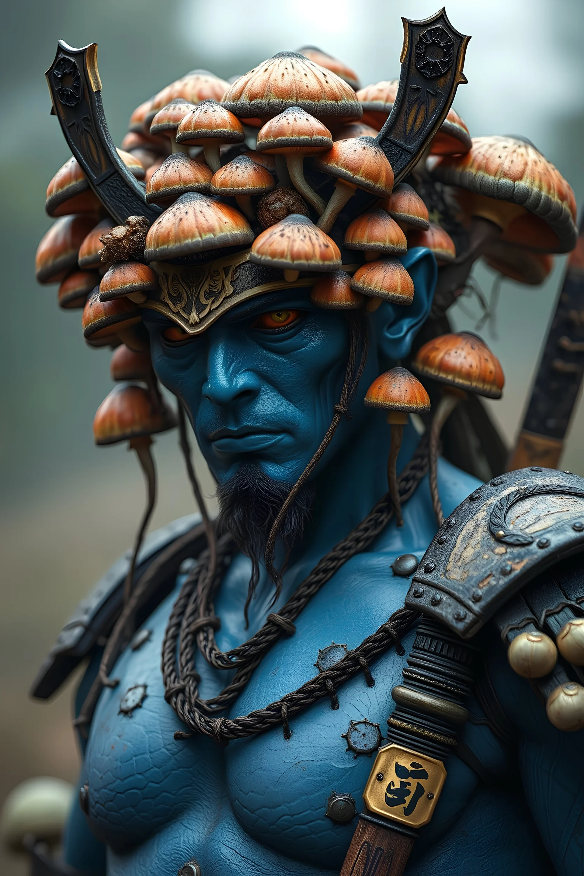 Rotting trans man samurai, his skin tone is blue. His body has been taken over buy a hive mind of mushrooms.