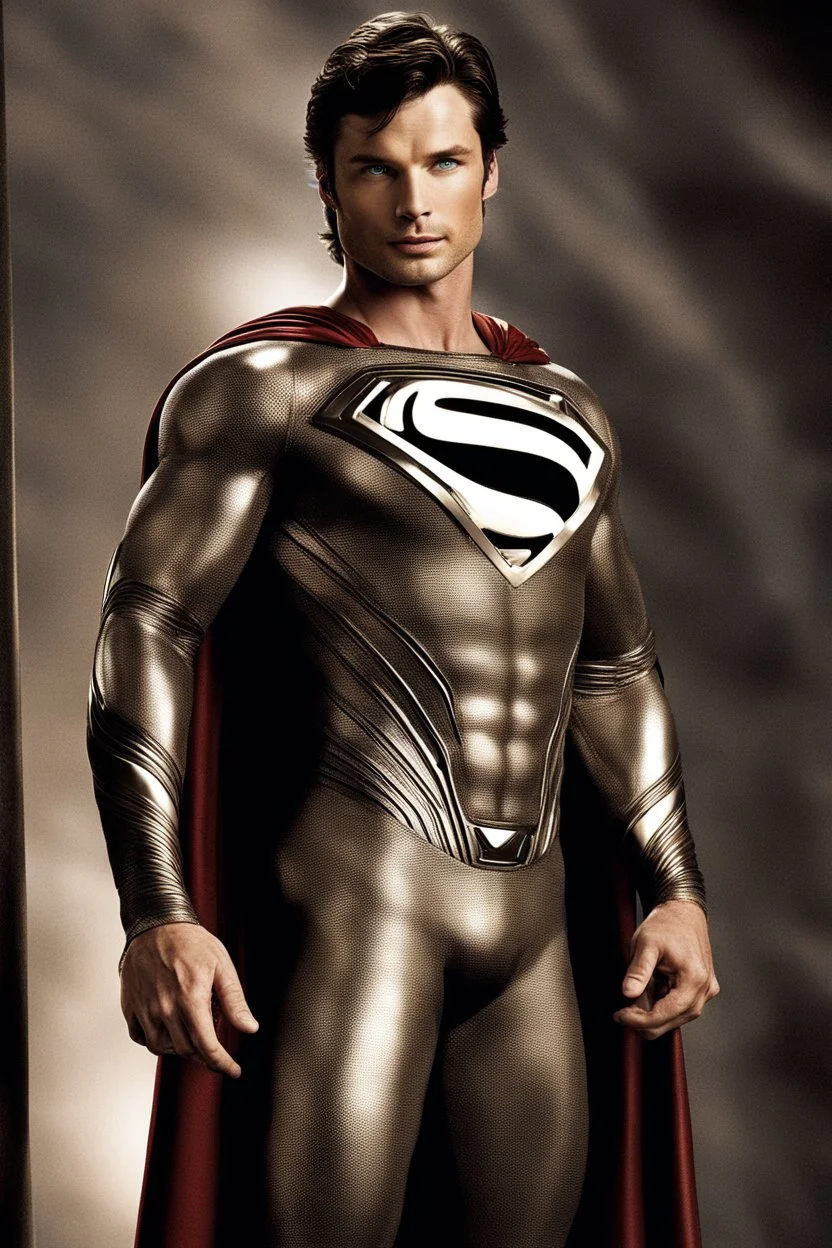 tom welling in a superman suit which is metallic and futuristic from the movie man of steel