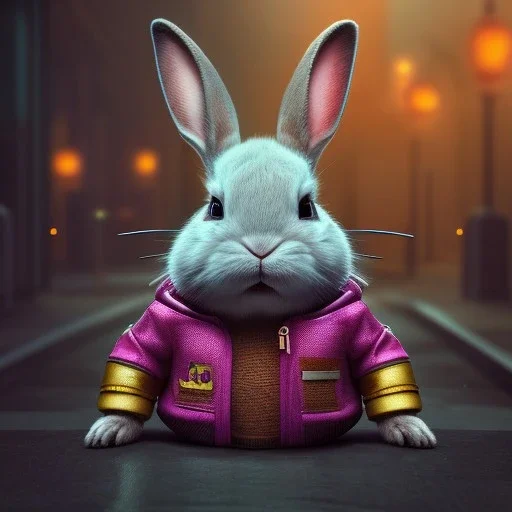 pixar style anamorphic cute rabbit baby, smiling, cyberpunk headphone, sunglass, gangsta gold neckless, full body, magenta puffer jacket, manila city backdrop, dramatic lighting, hyper realistic, unreal engine 5, 16k