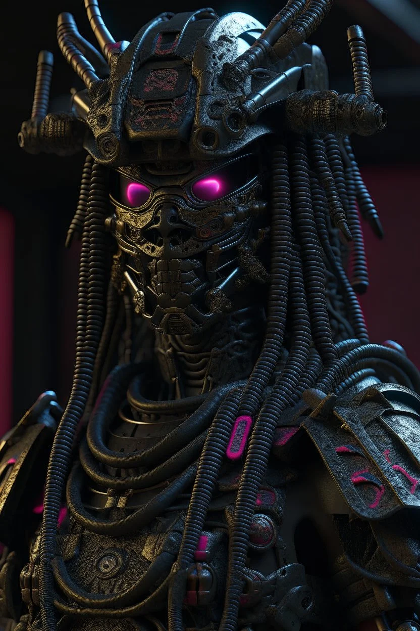 Fully armored cyberpunk samurai, photorealistic