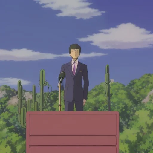 A cactus wearing a suit and tie, standing at a podium giving a speech to a group of other cacti