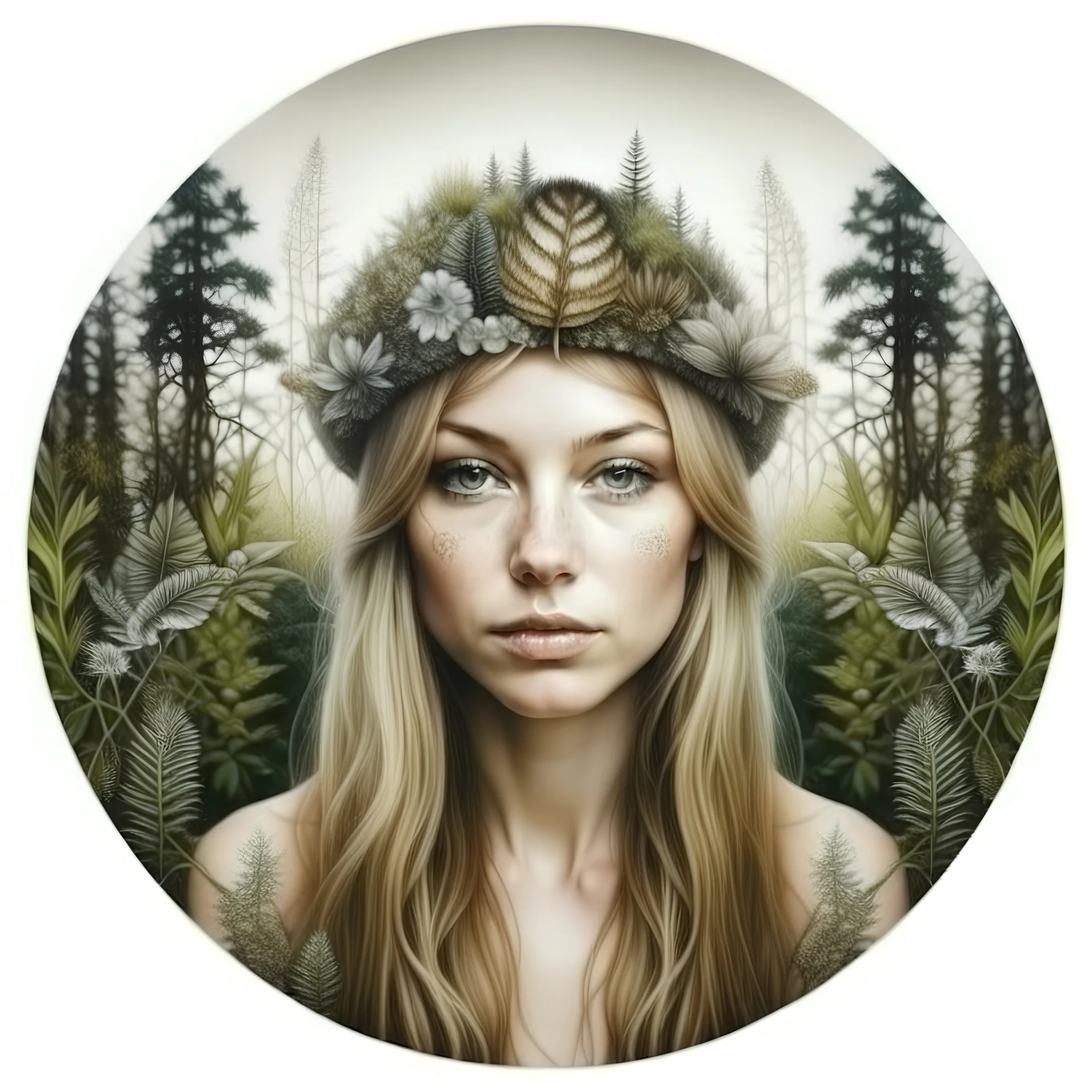 realistic like a photo light colours mandala woman who is muschroom forest fern