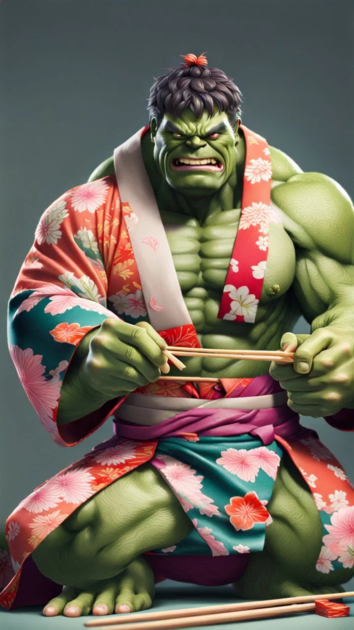 a hulk eating sushi with chopsticks, wearing a colorful kimono, 8k