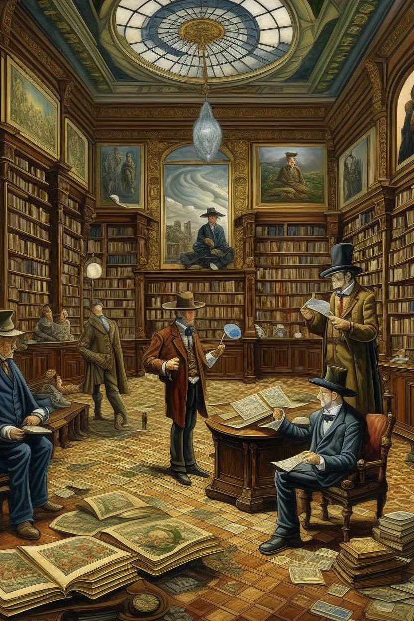 A grand library lobby filled with eccentric characters, including a man named Leibowitz, examining a mysterious triptych. The first panel shows a theme of purposelessness, the second of revelation, and the third of transformation. In the foreground, a stranger presents a Norwegian floppy disc containing ancient Gnostic writings. The scene is filled with intrigue and hints of secret knowledge, with characters showing a mix of skepticism and fascination. The library is ornate, with books and artif