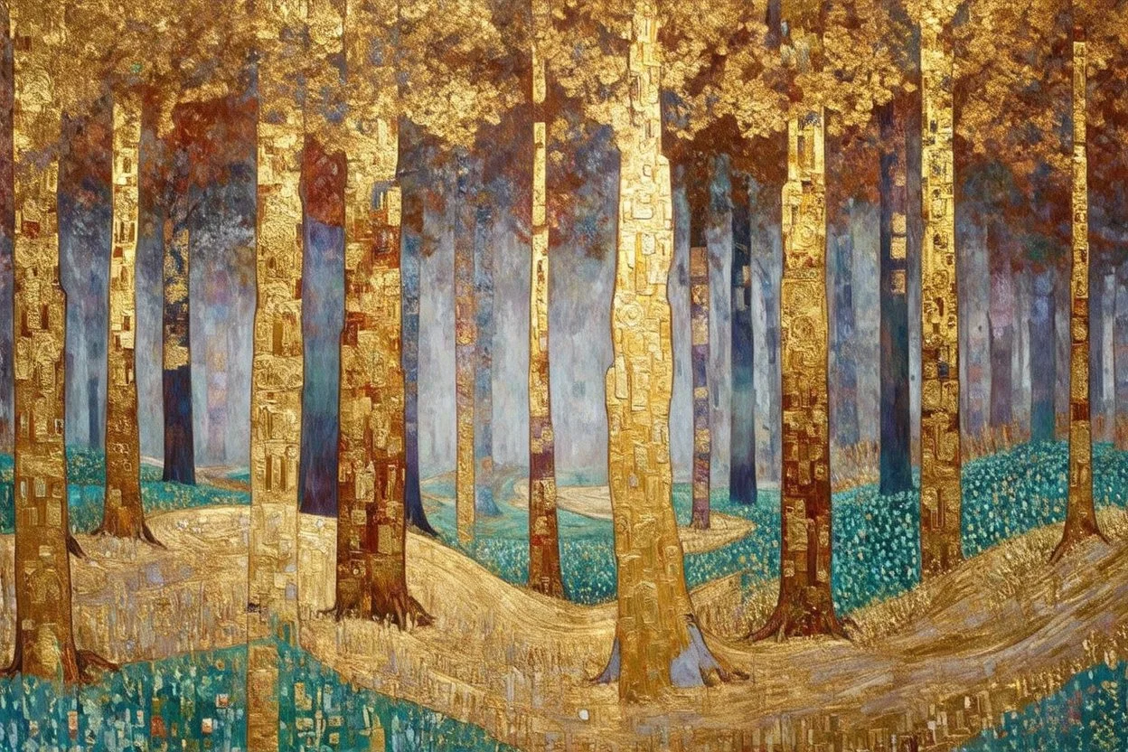 Gustav Klimt Inspired Landscape: A forest scene where the trees are patterned with intricate, symbolist designs and gold leaf accents. The composition is flat with a focus on decorative surfaces, reflecting Klimt's unique Art Nouveau style. Angle: straight-on. Lighting: evenly lit with an emphasis on the shimmering gold and rich, saturated colors.