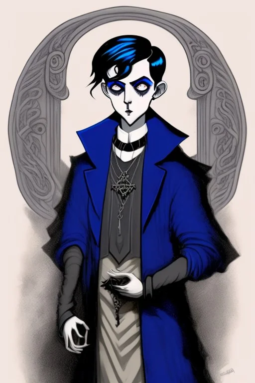 black haired blue eyed young man necromancer wizard with gothic jewelry in the style of charles addams