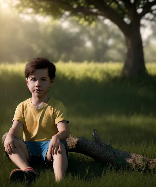 realistic image, boy sitting under a tree, god rays, 8k, 16 bit, vibrant color, natural ambient, chipmunk