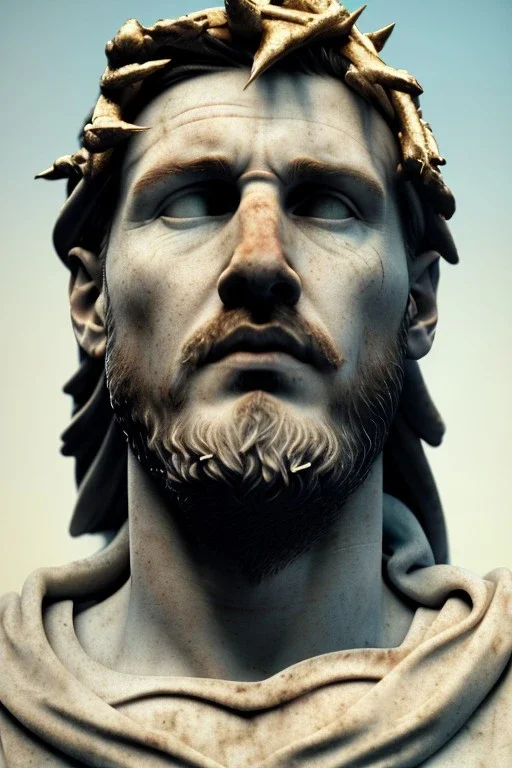 Ultra Realistic image, Roman sculpture, white marble material, Lionel Messi, gold crown of natural thorns, god crown, Renaissance style, sun rays background, waist up portrait, epic, celestial, cinematic lighting, God lights, 4k resolution, smooth details, soft lighting, unreal engine 5, art station, substance 3d.