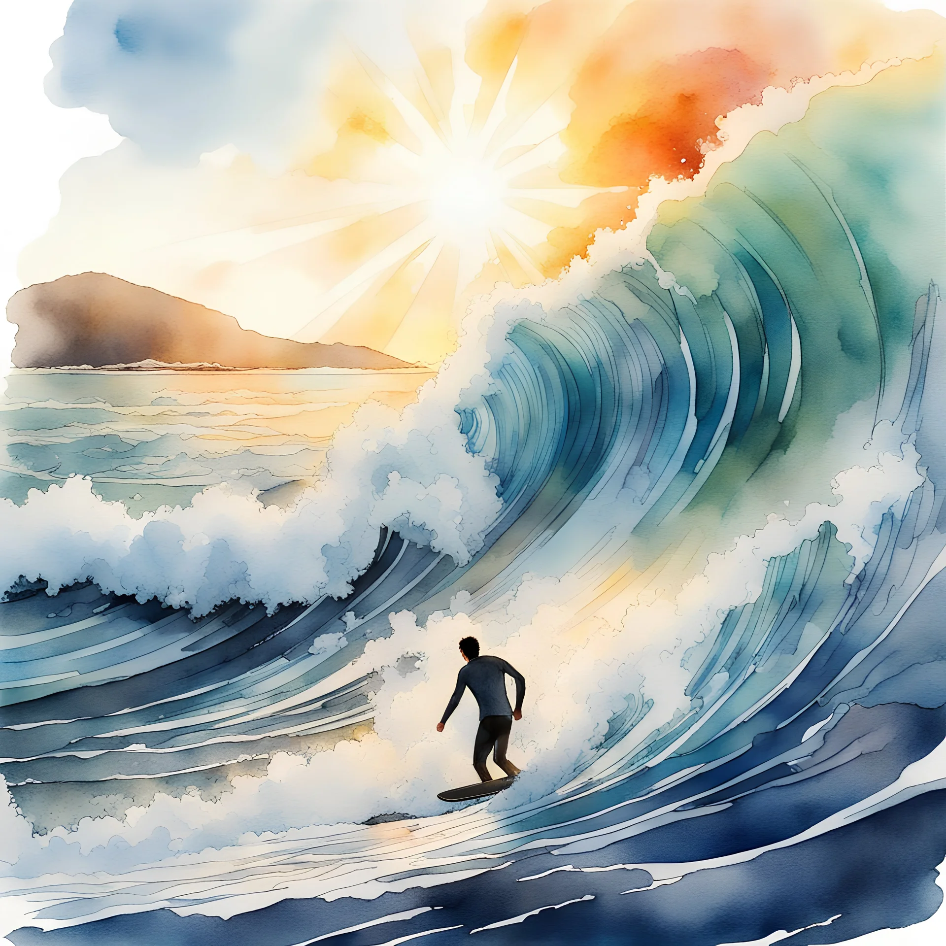 Watercolor and ink illustration, wave crashing out of the colliery ocean with a surfer, power of nature, early morning sun glare prismatic effect,
